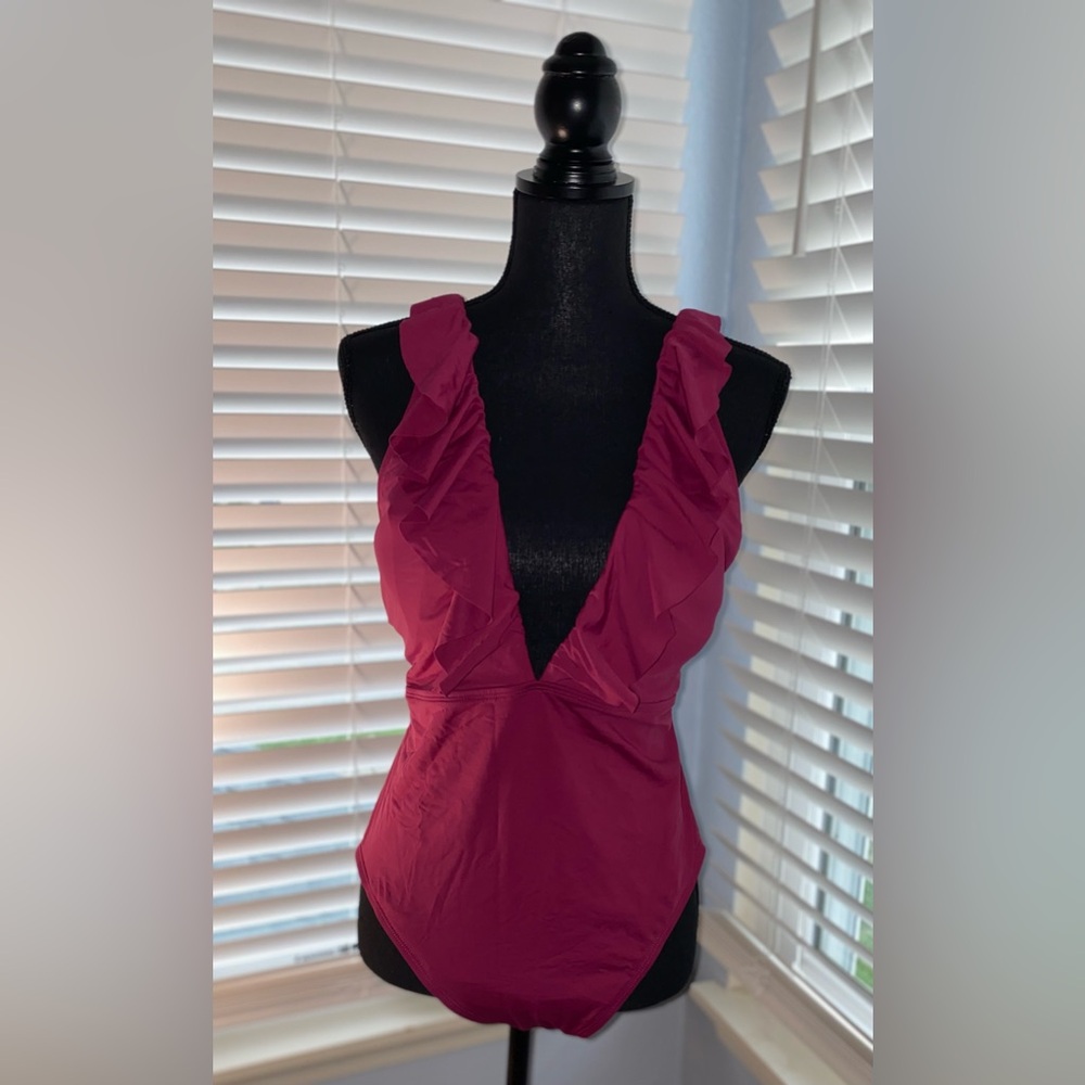 Elegant Wine-Red Ruffled Swimsuit size 16 XL